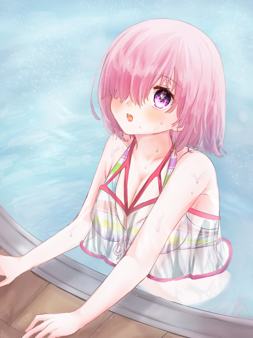 1girl bikini blush collarbone day eyebrows_visible_through_hair fate/grand_order fate_(series) front-tie_bikini front-tie_top hair_over_one_eye harukappa highres looking_up mash_kyrielight medium_hair outdoors partially_submerged pink_hair pool ribbon solo striped striped_bikini swimsuit upper_body violet_eyes