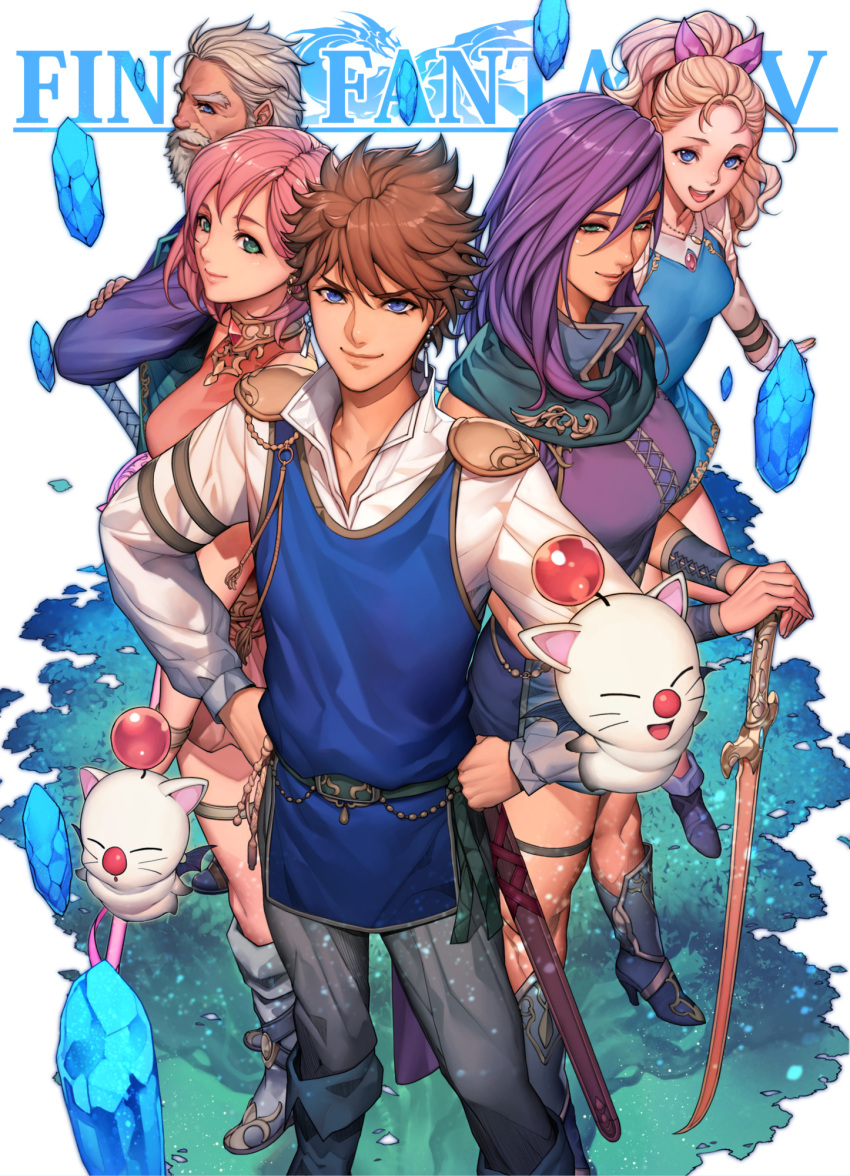 2boys 3girls blonde_hair blue_eyes boots brown_hair butz_klauser copyright_name crystal earrings faris_scherwiz final_fantasy final_fantasy_v galuf_halm_baldesion grass green_eyes grey_hair highres jewelry krile_mayer_baldesion lenna_charlotte_tycoon looking_at_viewer moogle multiple_boys multiple_girls necklace oda_non old old_man pink_hair purple_hair ribbon signature standing sword title weapon white_background