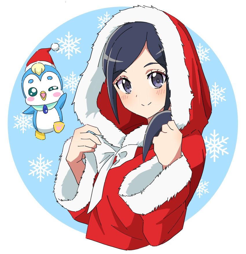 1girl bangs bird blue_eyes blue_hair blush bow christmas circle closed_mouth commentary cropped_torso dress fur-trimmed_dress fur_trim healin'_good_precure healing_animal highres hood hood_up hooded_dress kousuke0912 long_hair long_sleeves looking_at_viewer pegitan_(precure) penguin precure red_dress santa_dress sawaizumi_chiyu simple_background smile snowflake_background solo swept_bangs white_background white_bow