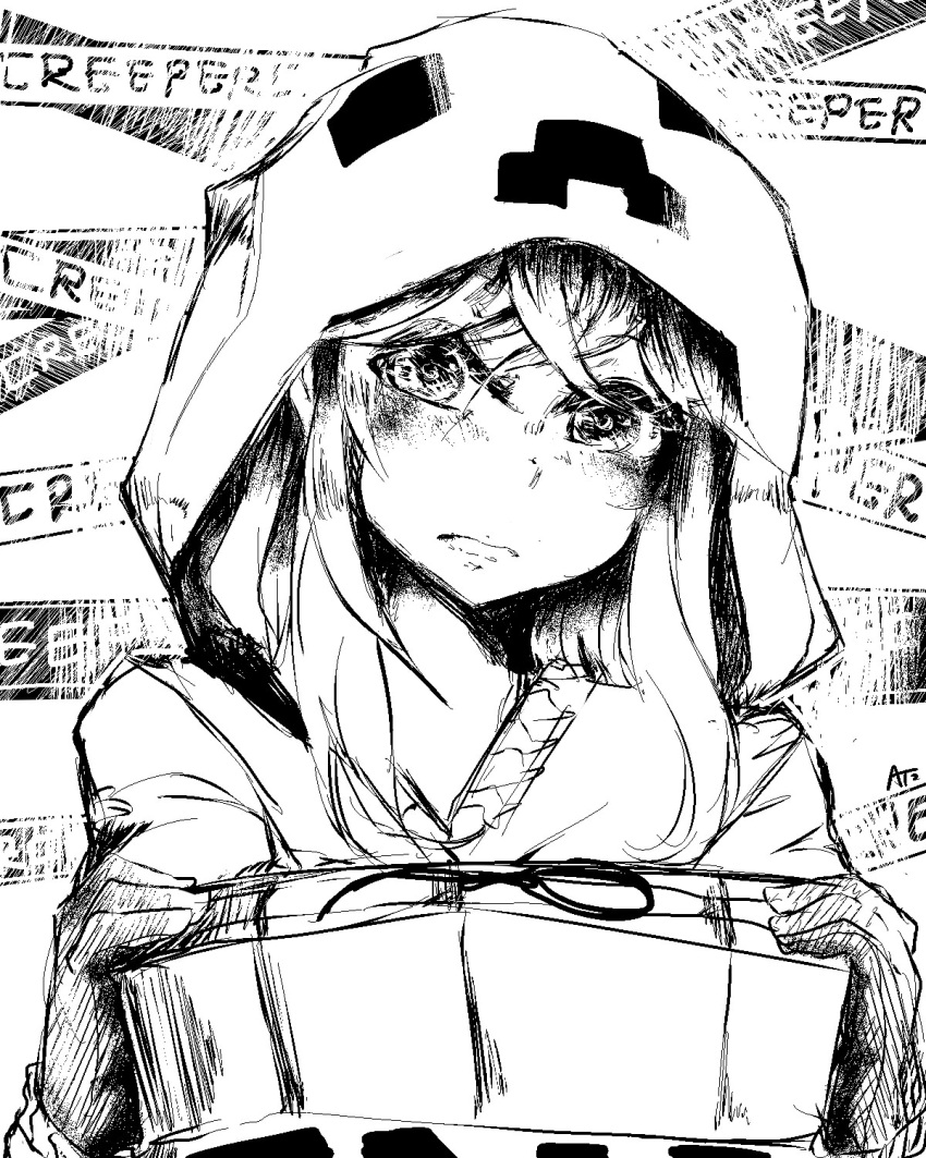 1girl at2. creeparka creeper cupa_(at2.) eyebrows_visible_through_hair gift gloves greyscale highres holding holding_gift hood hood_up hoodie looking_at_viewer minecraft monochrome personification sketch solo upper_body