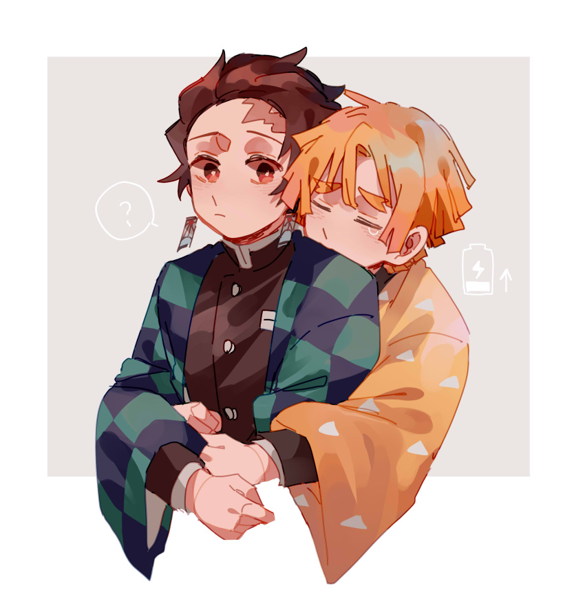 2boys ? absurdres agatsuma_zenitsu battery_indicator black_jacket brown_hair checkered_haori chinese_commentary closed_eyes closed_mouth commentary_request earrings gakuran grey_background highres hug hug_from_behind jacket jewelry kamado_tanjirou kimetsu_no_yaiba long_sleeves male_focus mogutofuoes multiple_boys red_eyes scar scar_on_face scar_on_forehead school_uniform short_hair spoken_question_mark tearing_up tears thick_eyebrows two-tone_background upper_body white_background