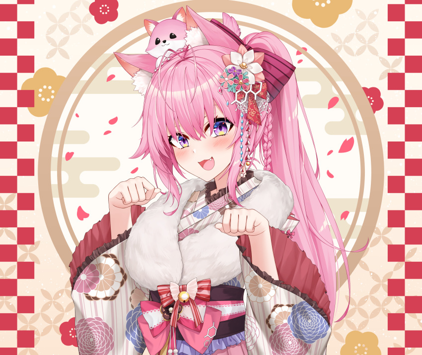 1girl :3 :d absurdres animal_ear_fluff animal_ears animal_on_head bangs blush braid commentary coyote_ears crown_braid fang flower frilled_sleeves frills fur_collar hair_between_eyes hair_flower hair_ornament hakui_koyori healther highres hololive japanese_clothes kimono long_hair looking_at_viewer new_year obi on_head open_mouth paw_pose petals pink_hair ponytail sash smile solo teeth upper_teeth violet_eyes virtual_youtuber wide_sleeves