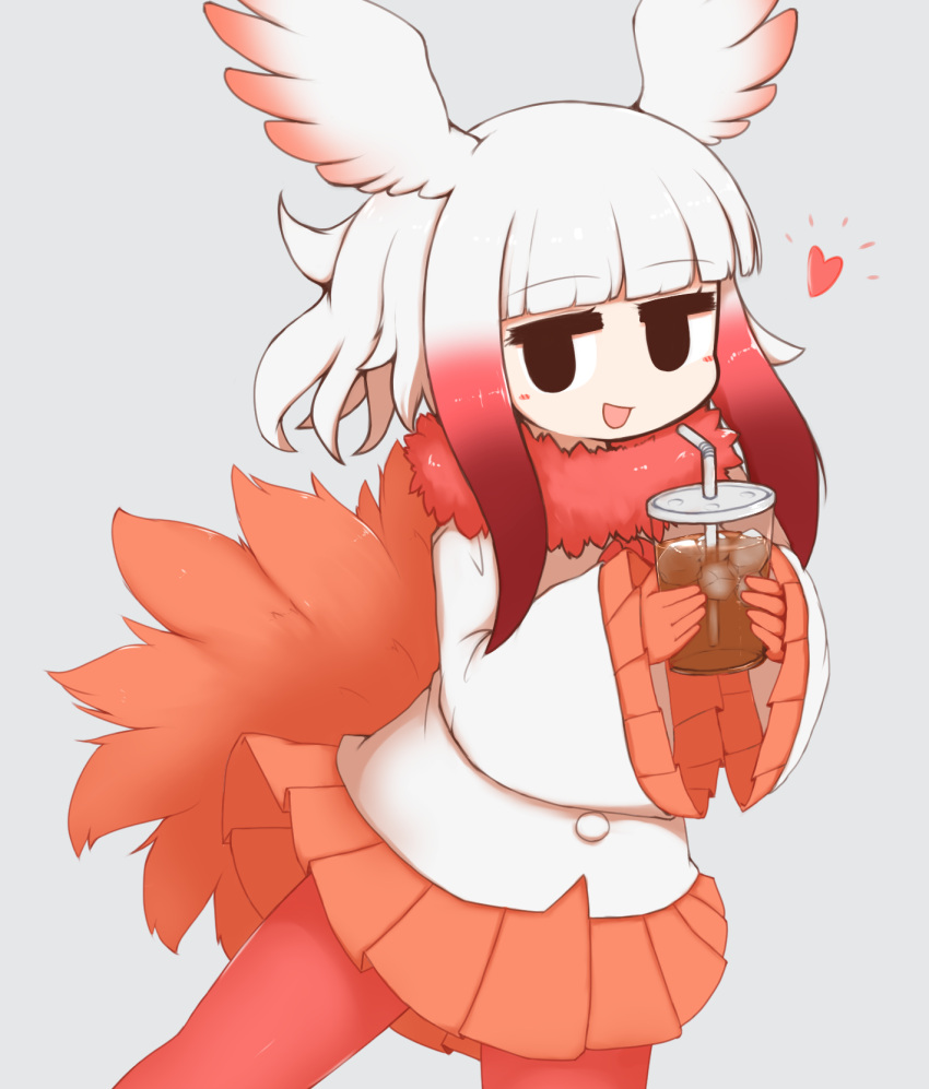 1girl aticotta bangs black_eyes blunt_bangs blush cup drinking_straw eyebrows_visible_through_hair gloves gradient_hair head_wings heart highres holding holding_cup japanese_crested_ibis_(kemono_friends) kemono_friends long_sleeves looking_at_viewer medium_hair multicolored_hair open_mouth pantyhose pleated_skirt red_gloves red_legwear red_skirt redhead skirt smile solo white_hair