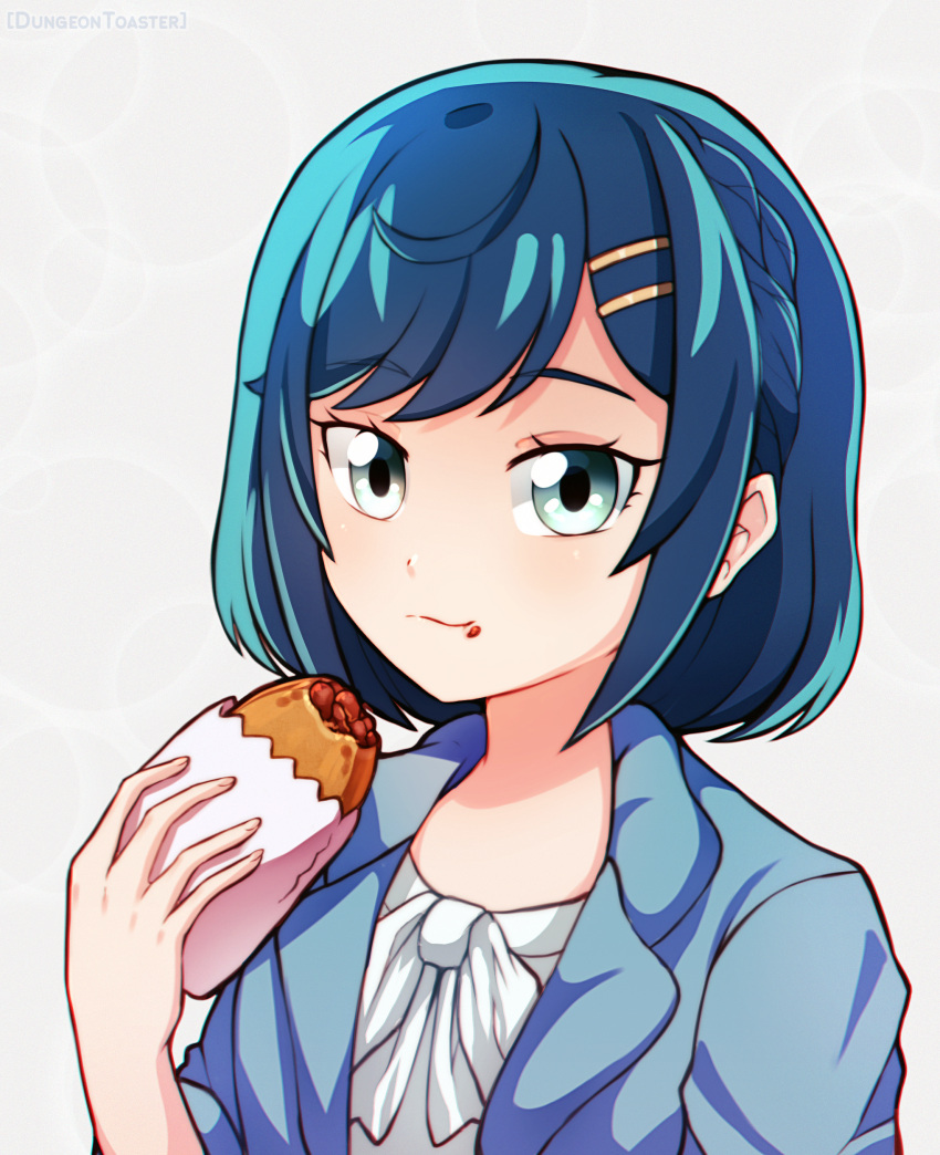 1girl absurdres artist_name blue_eyes blue_hair blue_jacket chewing closed_mouth delicious_party_precure dungeon_toaster eyebrows_visible_through_hair food food_on_face fuwa_kokone grey_background hair_ornament hairclip highres holding holding_food jacket looking_at_viewer precure shirt short_hair smile solo upper_body white_shirt