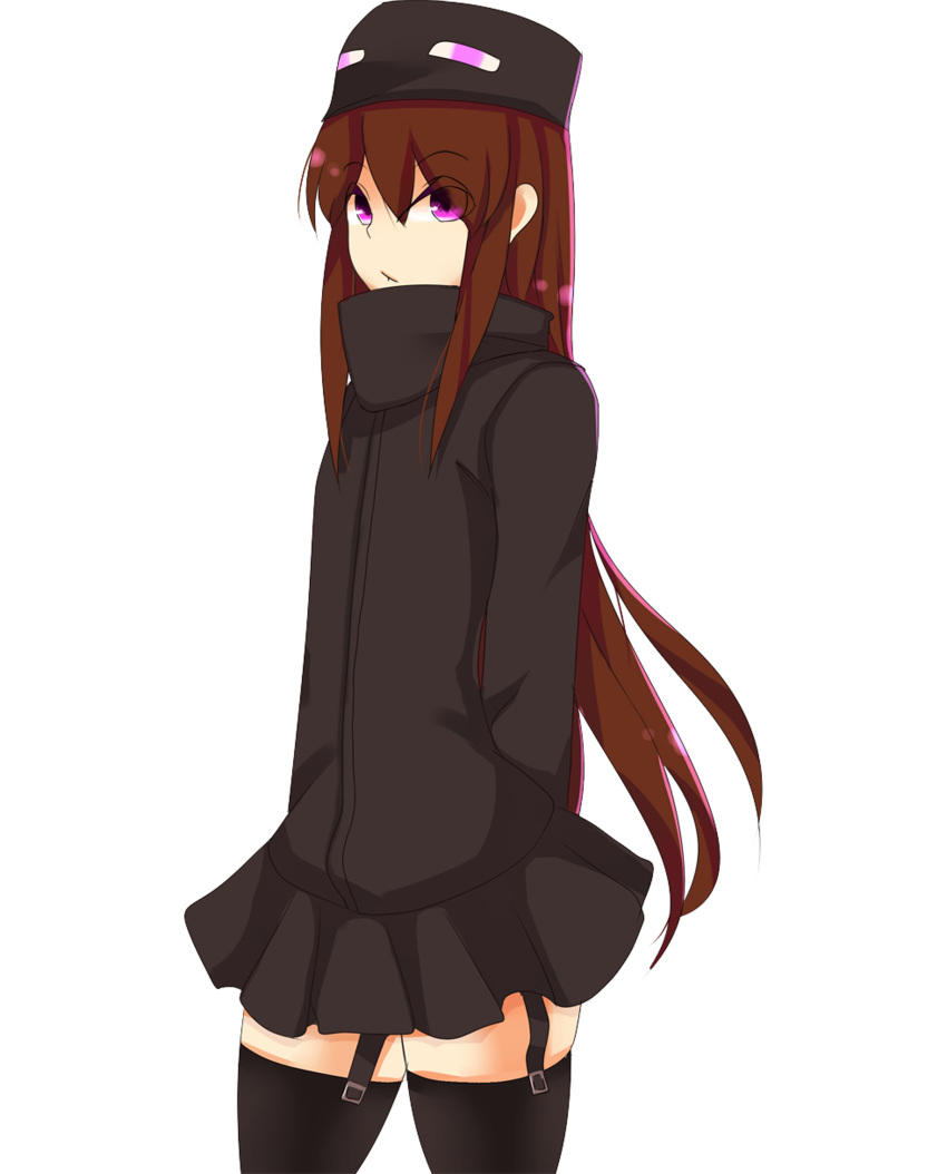 1girl absurdres ander_(at2.) at2. black_legwear black_skirt brown_hair closed_mouth enderman expressionless eyebrows_visible_through_hair garter_straps highres long_hair long_sleeves looking_at_viewer minecraft personification skirt solo thigh-highs very_long_hair violet_eyes