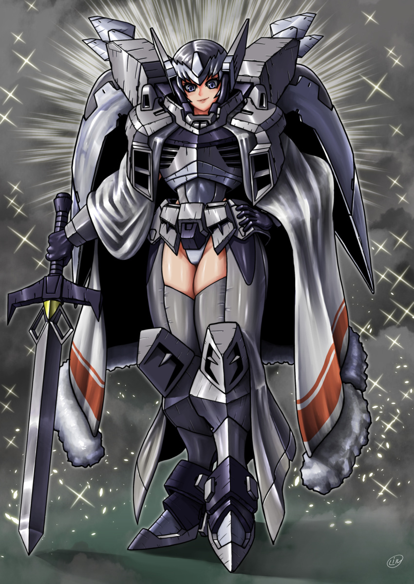 1girl absurdres black_hair boots cape cgue grey_background grey_eyes grey_panties gundam gundam_seed hand_on_hip head_tilt highres holding holding_sword holding_weapon looking_at_viewer mecha_musume mechanical_wings metal_boots panties personification smile solo sword thigh-highs thigh_boots underwear weapon wings yatta070622