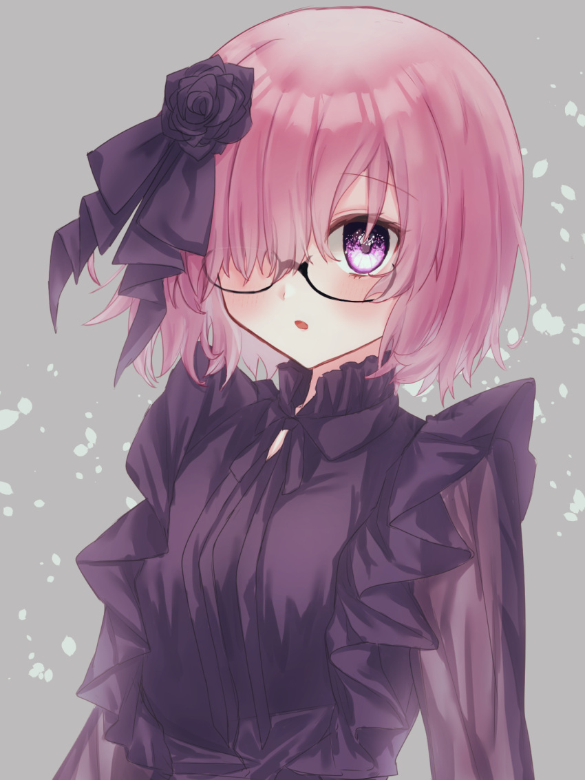 1girl black-framed_eyewear black_flower black_rose blush eyebrows_visible_through_hair fate/grand_order fate_(series) flower glasses grey_background hair_flower hair_ornament hair_over_one_eye harukappa highres mash_kyrielight neck_ribbon open_mouth pink_hair purple_ribbon purple_shirt ribbon rose see-through_sleeves shiny shiny_hair shirt short_hair sketch solo upper_body violet_eyes