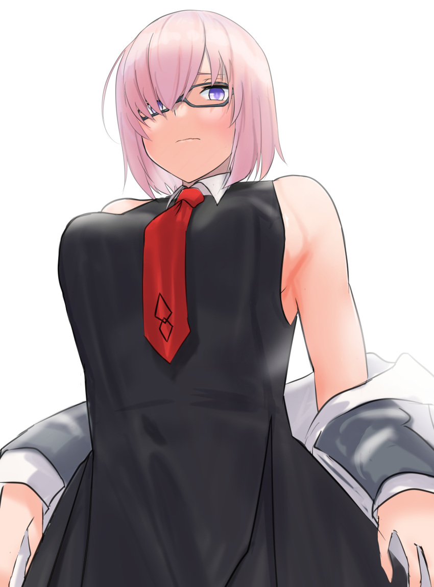 1girl black_dress black_legwear blush breasts dress fate/grand_order fate_(series) grey_background grey_sleeves hair_over_one_eye highres hood hood_down hooded_jacket jacket long_sleeves looking_at_viewer mash_kyrielight medium_breasts necktie open_clothes open_jacket pantyhose parted_lips pink_hair purple_eyes red_necktie shiny shiny_hair short_dress short_hair sitting sleeves_past_wrists solo tenchi_24 white_jacket
