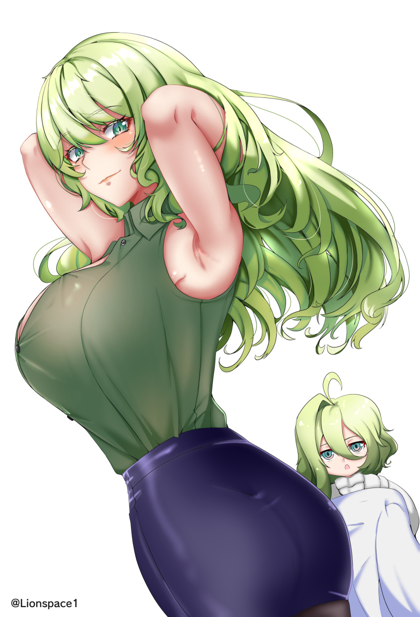 2girls :o absurdres adjusting_hair armpits arms_up bangs black_skirt breasts closed_mouth green_eyes green_hair green_shirt hair_between_eyes highres honkai_(series) honkai_impact_3rd jacket klein_(honkai_impact) large_breasts lion_space looking_at_viewer mobius_(honkai_impact) multiple_girls open_mouth polo_shirt shirt simple_background skirt sleeveless sleeveless_shirt smile wavy_hair white_background white_jacket