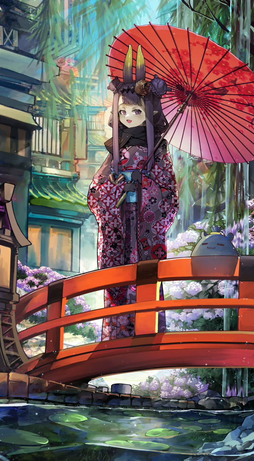 1girl absurdres architecture bridge double_bun east_asian_architecture hair_behind_ear highres holding holding_umbrella hololive hololive_english japanese_clothes kimono lily_pad long_hair ninomae_ina'nis obi official_alternate_costume open_mouth pointy_ears purple_hair purple_kimono sash smile solo sunlight tako_(ninomae_ina'nis) umbrella violet_eyes virtual_youtuber vyragami water