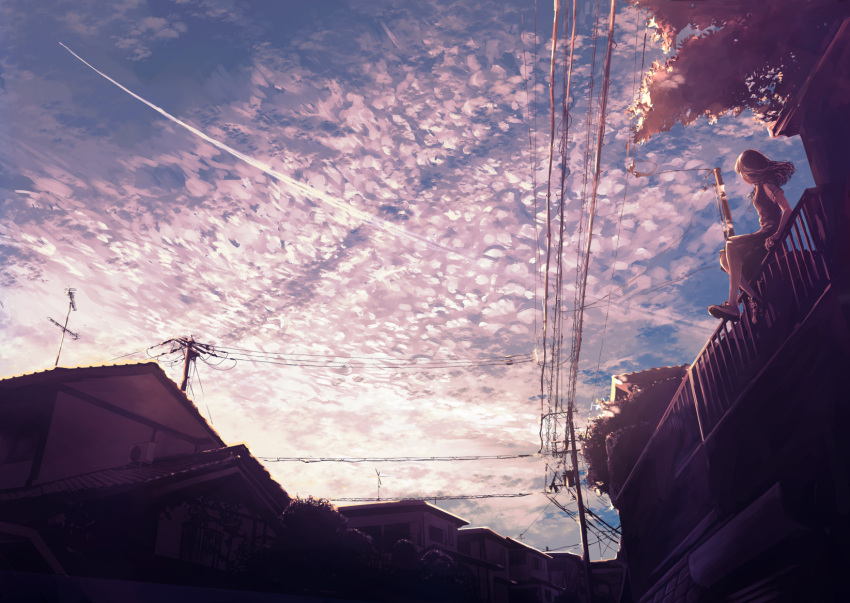 1girl brown_hair clouds commentary_request contrail highres house long_hair na_(sodium) original outdoors plant power_lines railing revision scenery school_uniform serafuku shirt shoes short_sleeves sitting skirt sky sneakers solo sunset tree vines window