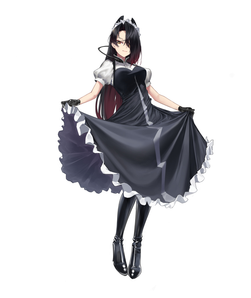 1girl absurdres agent_(girls'_frontline) alternate_hairstyle bangs black_dress black_footwear black_gloves black_hair boots breasts closed_mouth clothes_lift dress dress_lift eyebrows_visible_through_hair full_body girls_frontline gloves hair_between_eyes hair_over_one_eye high_heel_boots high_heels highres knee_boots long_hair looking_at_viewer maid maid_headdress marrrrrr revision rubber_boots rubber_gloves sangvis_ferri smile solo standing white_background yellow_eyes