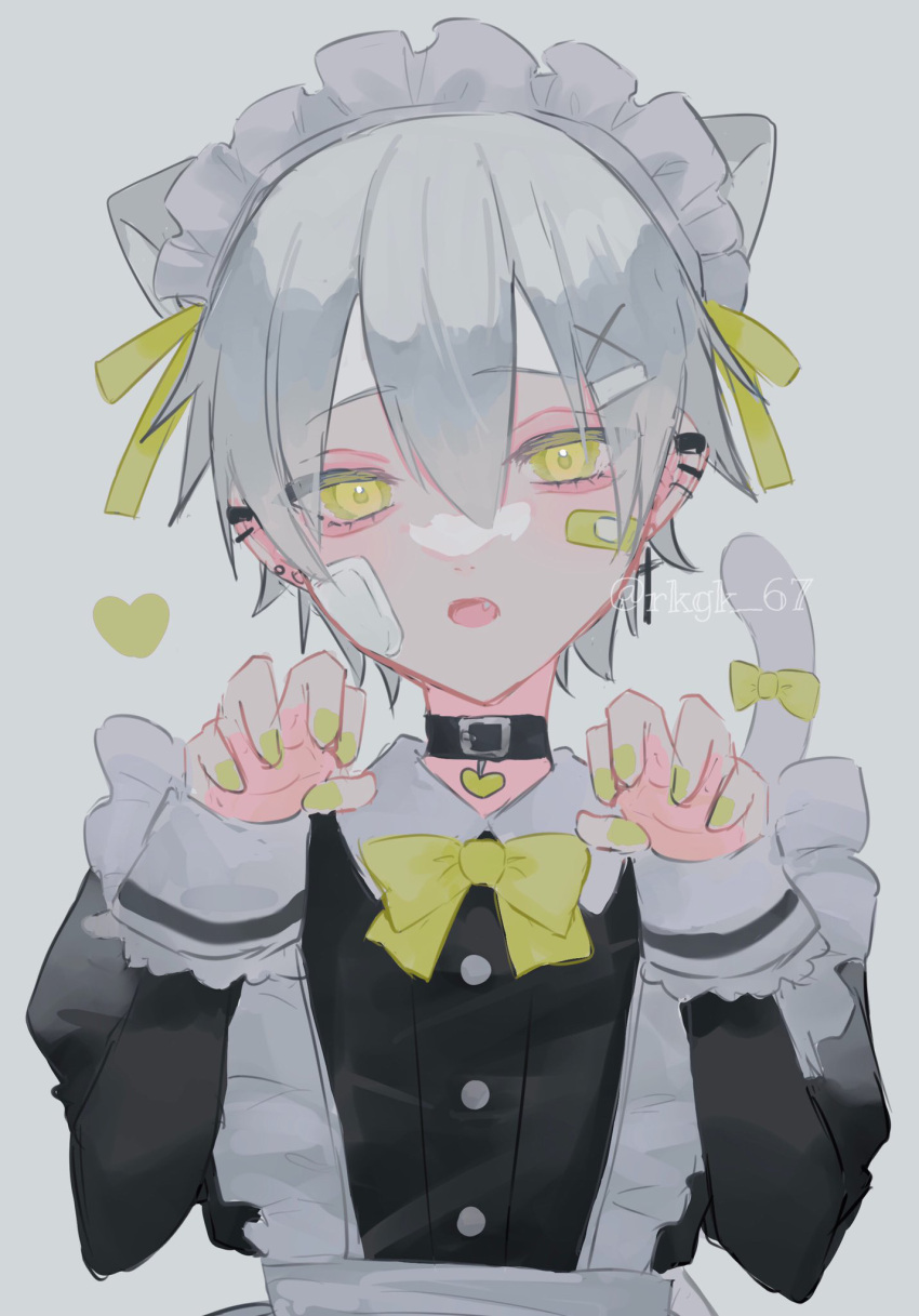 1boy 2cchi animal_ears apron bow cat_boy cat_ears cat_tail choker crossdressing ear_piercing earrings fang heart highres jewelry looking_at_viewer maid maid_apron maid_headdress male_focus original pale_skin piercing ribbon stud_earrings tail white_hair yellow_theme