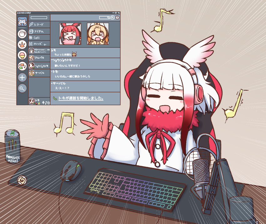 &gt;_&lt; &gt;o&lt; 3girls :d animal_ears aticotta bangs black_hair blunt_bangs blush commentary desk discord eyebrows_visible_through_hair gloves gradient_hair head_wings headphones highres japanese_crested_ibis_(kemono_friends) japari_symbol kemono_friends keyboard_(computer) long_sleeves microphone microphone_stand monster_energy mouse_(computer) multicolored_hair multiple_girls music open_mouth orange_hair red_gloves redhead scarlet_ibis_(kemono_friends) serval_(kemono_friends) sidelocks singing sitting smile white_hair xd