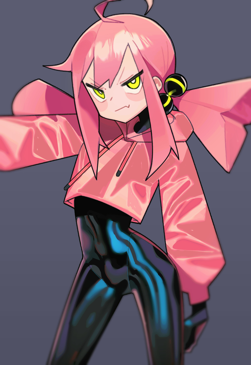 1girl absurdres ahoge black_bodysuit bodysuit bodysuit_under_clothes crop_top fang green_eyes grey_background highres hood hoodie latex latex_bodysuit looking_at_viewer low_twintails original pink_hair pink_shirt saaal653 shiny shiny_clothes shirt skin_fang skin_tight solo twintails