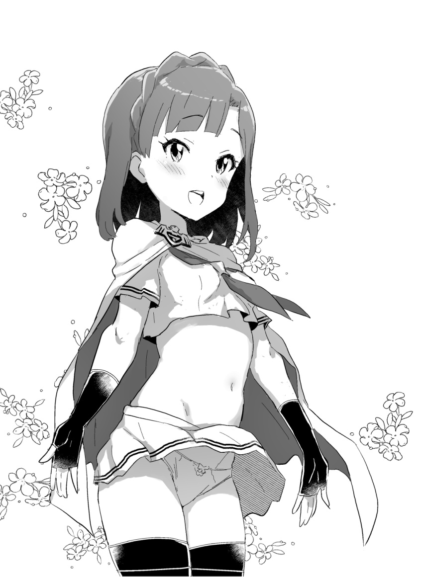 belly black_gloves black_legwear blush bow bow_panties braid cape ears elbow_gloves emblem eyebrows_visible_through_hair fingerless_gloves flower gloves highres idol_heroes_(idolmaster) idolmaster idolmaster_million_live! looking_at_viewer midriff minazuki_tooru miniskirt monochrome nanao_yuriko navel open_mouth panties sailor_collar sailor_shirt shirt short_hair short_sleeves simple_background skirt smile solo thigh-highs thighs underwear white_cape white_panties white_shirt white_skirt