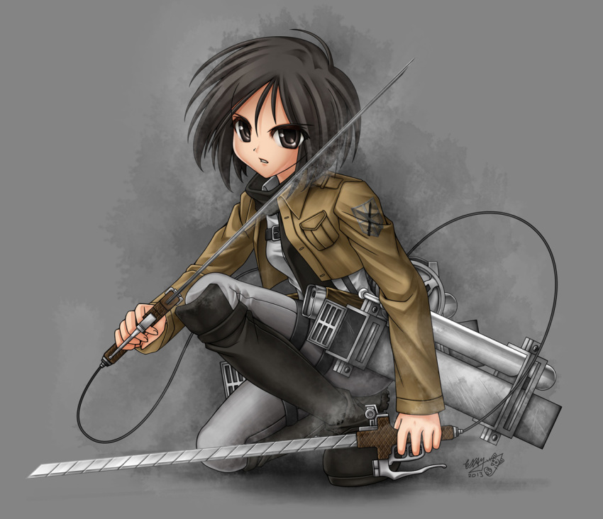 1girl absurdres bangs black_hair blue_eyes boots breasts brown_footwear brown_jacket commentary cropped_jacket emblem exam_(pixiv714797) from_side hair_between_eyes highres holding holding_sword holding_weapon jacket knee_boots long_sleeves looking_at_viewer looking_to_the_side medium_breasts mikasa_ackerman military military_uniform open_clothes open_jacket pants paradis_military_uniform parted_lips red_scarf scarf shingeki_no_kyojin shirt short_hair simple_background solo sword thigh_strap three-dimensional_maneuver_gear uniform weapon white_background white_pants white_shirt