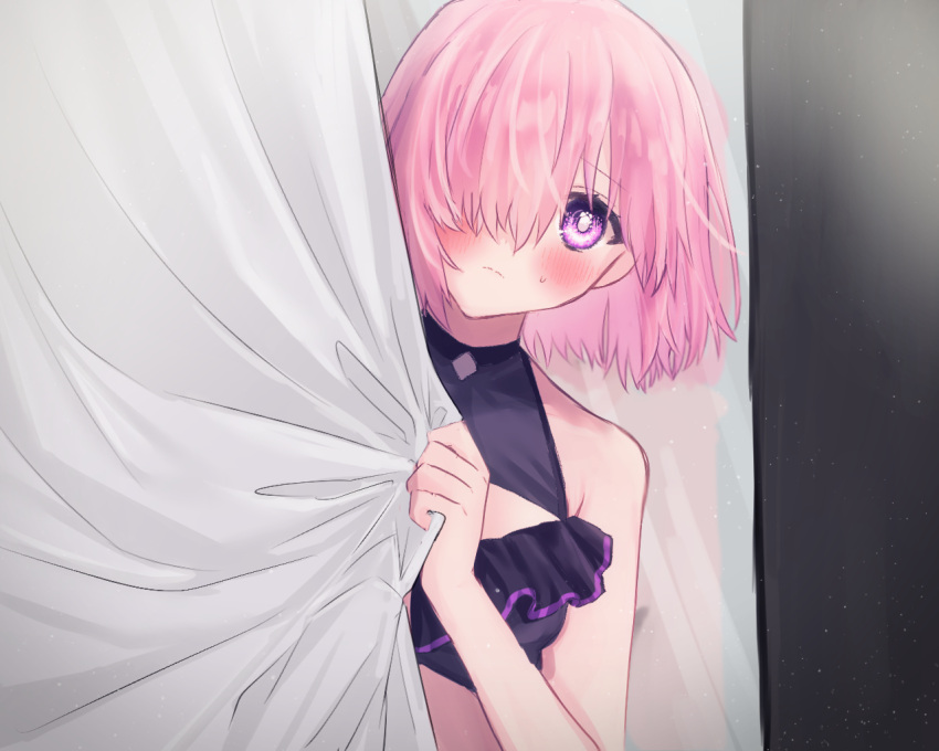 1girl bikini black_bikini blush closed_mouth curtain_grab curtains fate/grand_order fate_(series) frown hair_over_one_eye harukappa leaning_to_the_side looking_at_viewer mash_kyrielight medium_hair pink_hair shiny shiny_hair solo straight_hair sweatdrop swimsuit upper_body violet_eyes