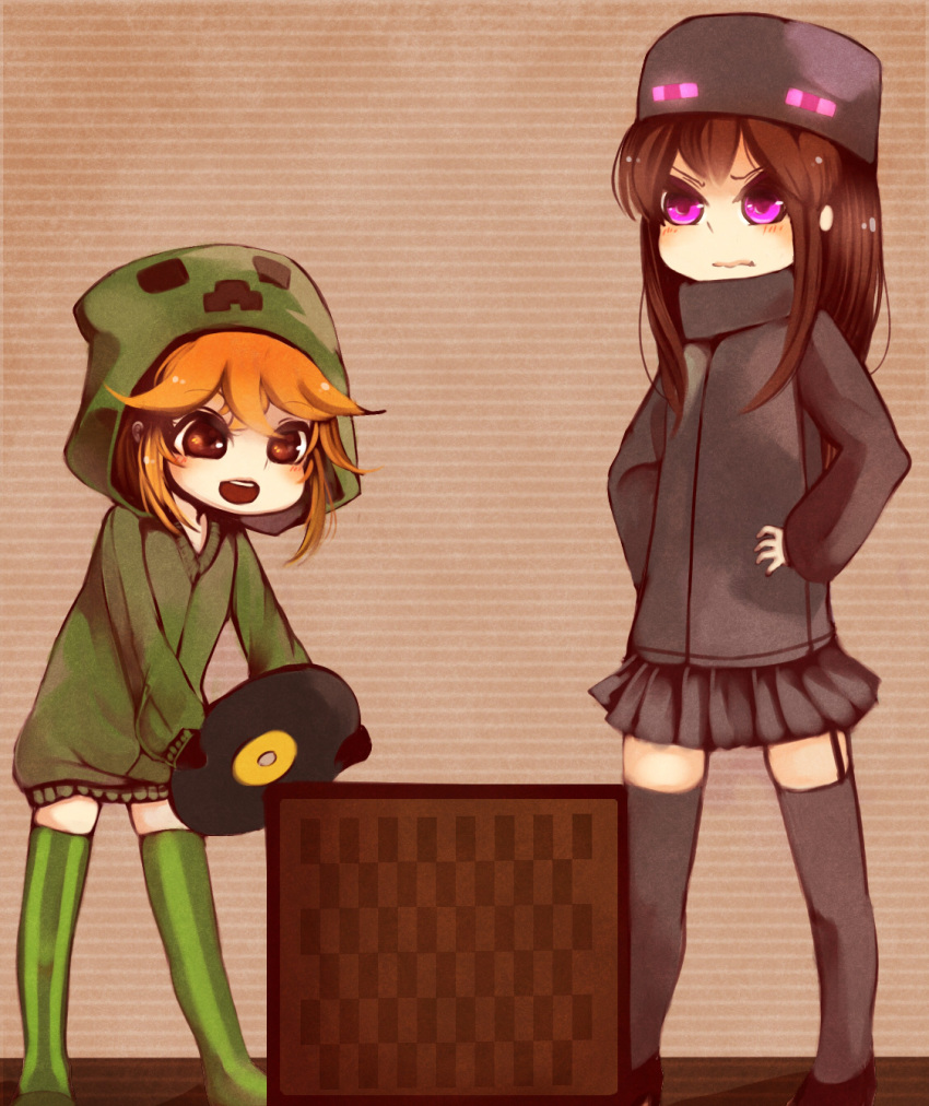 2girls ander_(at2.) at2. black_legwear black_skirt blush brown_eyes brown_hair chibi closed_mouth creeparka creeper cupa_(at2.) enderman eyebrows_visible_through_hair garter_straps green_hoodie green_legwear highres hood hoodie jukebox long_hair long_sleeves looking_at_another looking_away medium_hair minecraft multiple_girls open_mouth personification pleated_skirt record skirt smile thigh-highs violet_eyes