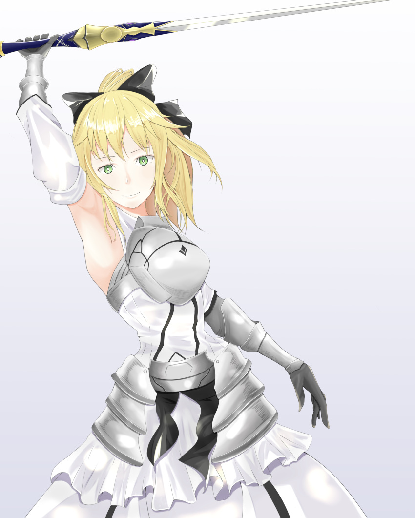 1girl artoria_pendragon_(all) aruao black_bow blonde_hair bow breastplate caliburn dress eyebrows_visible_through_hair fate/grand_order fate/unlimited_codes fate_(series) faulds floating_hair gauntlets green_eyes hair_between_eyes hair_bow hands_on_hilt highres long_hair looking_at_viewer outdoors petals ponytail saber_lily signature sleeveless sleeveless_dress solo standing sword weapon white_dress