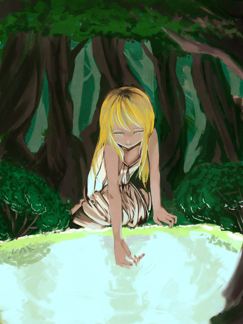 1girl at2. blonde_hair closed_mouth dress expressionless forest highres kneeling looking_away looking_down nature original outdoors scenery sleeveless sleeveless_dress solo tree white_dress yellow_eyes