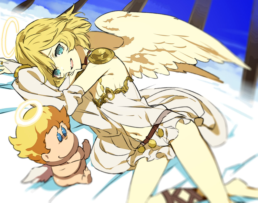 actraiser actraiser_renaissance angel angel_(actraiser_renaissance) angel_wings aqua_eyes blonde_hair gabu_(az210309) long_sleeves puffy_sleeves smug tagme wings