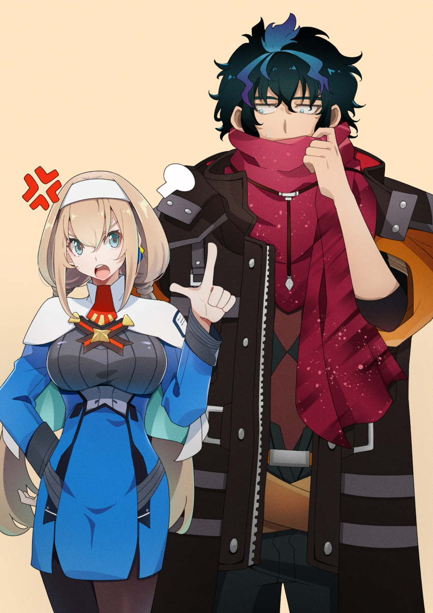 1boy 1girl absurdres anger_vein bangs beige_background black_hair black_jacket blue_eyes chinese_commentary covered_mouth edge_sainklaus eyebrows_behind_hair hair_behind_ear hairband highres jacket long_hair looking_down looking_up low_twintails mitsuba_greyvalley red_scarf scarf super_robot_wars super_robot_wars_30 twintails v-shaped_eyebrows white_hairband yuer_(user_ecrv4275)