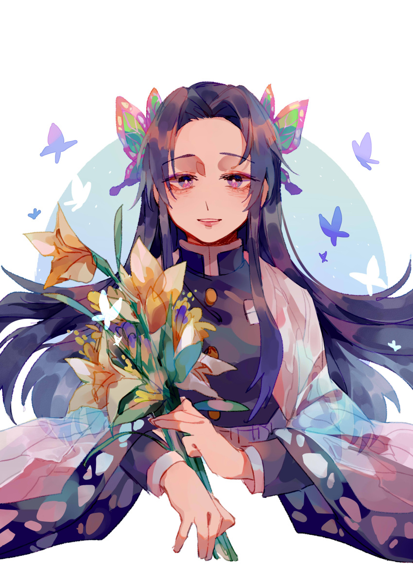 1girl absurdres black_jacket blue_background bouquet bug butterfly butterfly_hair_ornament chinese_commentary commentary_request flower gakuran hair_ornament haori highres holding holding_bouquet jacket japanese_clothes kimetsu_no_yaiba kochou_kanae light_smile long_hair long_sleeves looking_at_viewer mogutofuoes parted_lips purple_butterfly purple_hair school_uniform solo two-tone_background upper_body violet_eyes white_background yellow_flower