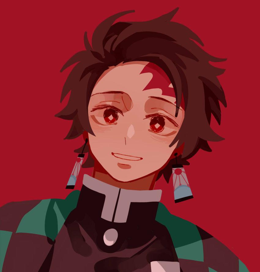 1boy absurdres black_jacket brown_hair checkered_haori commentary earrings highres jacket jewelry kamado_tanjirou kimetsu_no_yaiba looking_at_viewer male_focus mogutofuoes no_lineart parted_lips red_background red_eyes scar scar_on_face scar_on_forehead short_hair simple_background solo upper_body