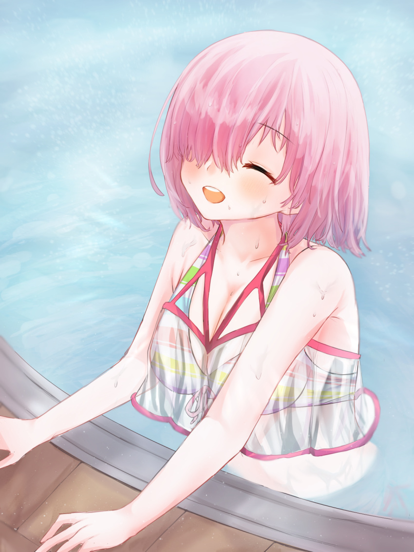 1girl :d ^_^ bikini blush closed_eyes collarbone day eyebrows_visible_through_hair fate/grand_order fate_(series) front-tie_bikini front-tie_top hair_over_one_eye harukappa highres mash_kyrielight medium_hair outdoors partially_submerged pink_hair pool ribbon smile solo striped striped_bikini swimsuit upper_body