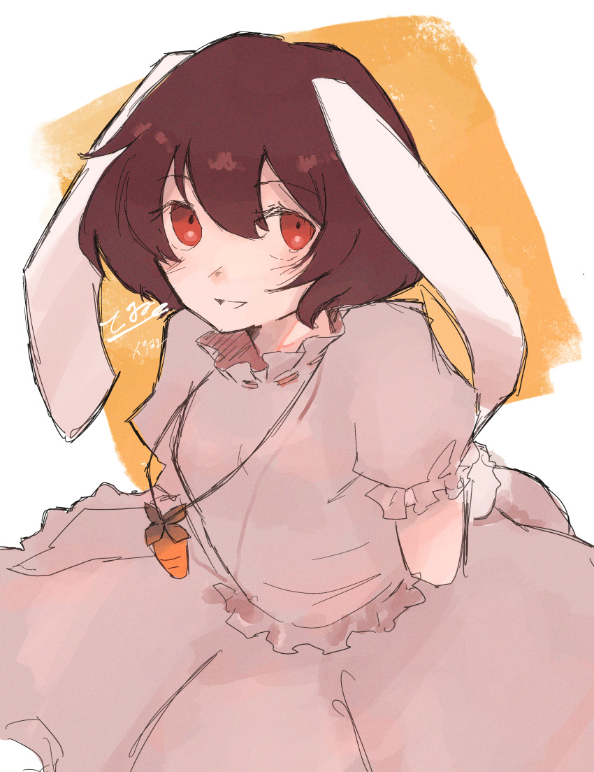 1girl absurdres animal_ears aokichan73 arms_behind_back blouse blush brown_hair carrot_necklace commentary_request floppy_ears highres inaba_tewi jewelry open_mouth pendant pink_blouse pink_skirt puffy_short_sleeves puffy_sleeves rabbit_ears rabbit_girl rabbit_tail red_eyes short_hair short_sleeves skirt tail touhou