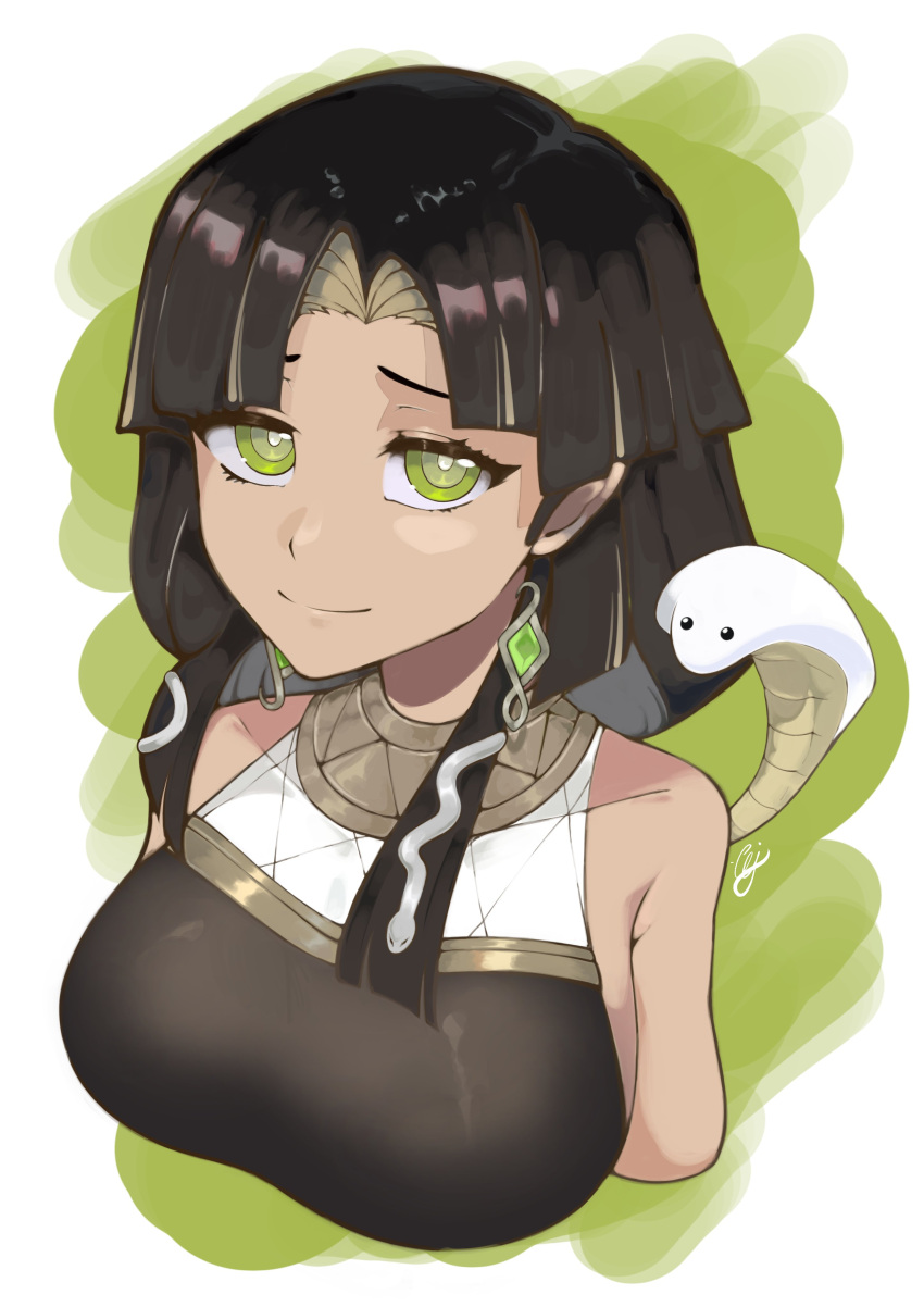 1girl absurdres bangs black_hair breasts colored_inner_hair cropped_torso dark-skinned_female dark_skin earrings eyebrows_behind_hair from_above green_eyes green_hair highres jewelry large_breasts multicolored_hair nagare_sara parted_bangs prism_project sakanayukii smile snake solo virtual_youtuber