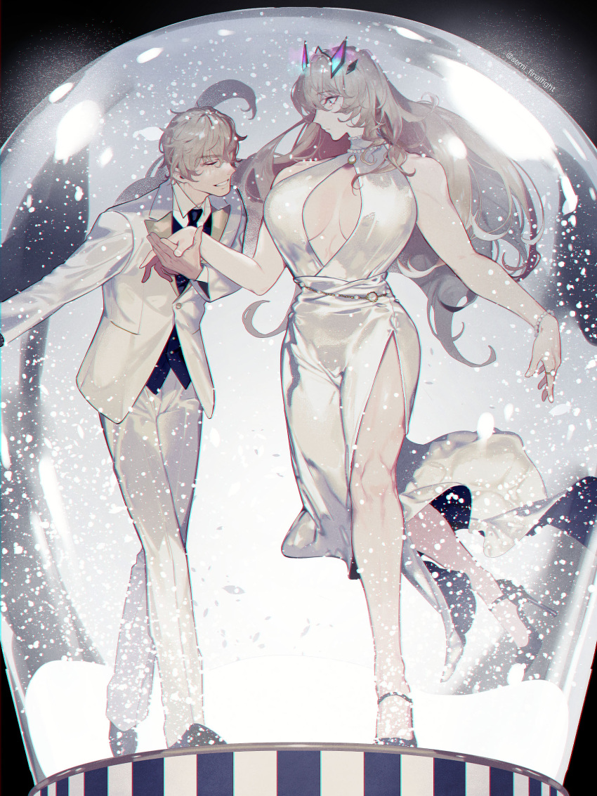 1boy 1girl bead_bracelet beads blonde_hair bracelet breasts cocktail_dress dress fairy_knight_gawain_(fate) fate/grand_order fate_(series) formal gawain_(fate) high_heels highres jewelry large_breasts long_hair necktie semi_finalfight snow snow_globe suit twitter_username white_suit