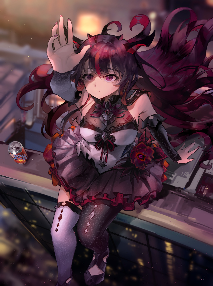1girl absurdres bangs black_legwear breasts can detached_sleeves eyebrows_visible_through_hair highres hololive hololive_english irys_(hololive) long_hair looking_up medium_breasts open_hand pointy_ears purple_hair single_leg_pantyhose single_thighhigh sitting soda_can solo thigh-highs violet_eyes virtual_youtuber vyragami white_legwear