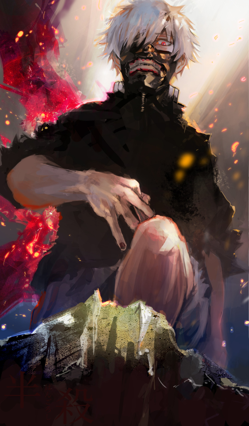 1boy absurdres bangs black_nails black_shirt commentary_request from_below grey_hair hair_over_one_eye highres kagune_(tokyo_ghoul) kaneki_ken knee_up kyuuba_melo looking_at_viewer looking_down mask mouth_mask multicolored_background nail_polish shirt short_hair shorts solo teeth_print tokyo_ghoul torn_clothes torn_shirt
