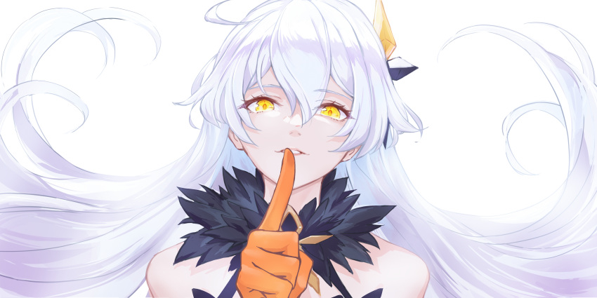 1girl absurdres bangs bare_shoulders close-up gloves grin hair_ornament highres honkai_(series) honkai_impact_3rd index_finger_raised kai1up kiana_kaslana kiana_kaslana_(herrscher_of_the_void) long_hair looking_at_viewer orange_gloves simple_background sleeveless smile solo teeth white_background white_hair yellow_eyes