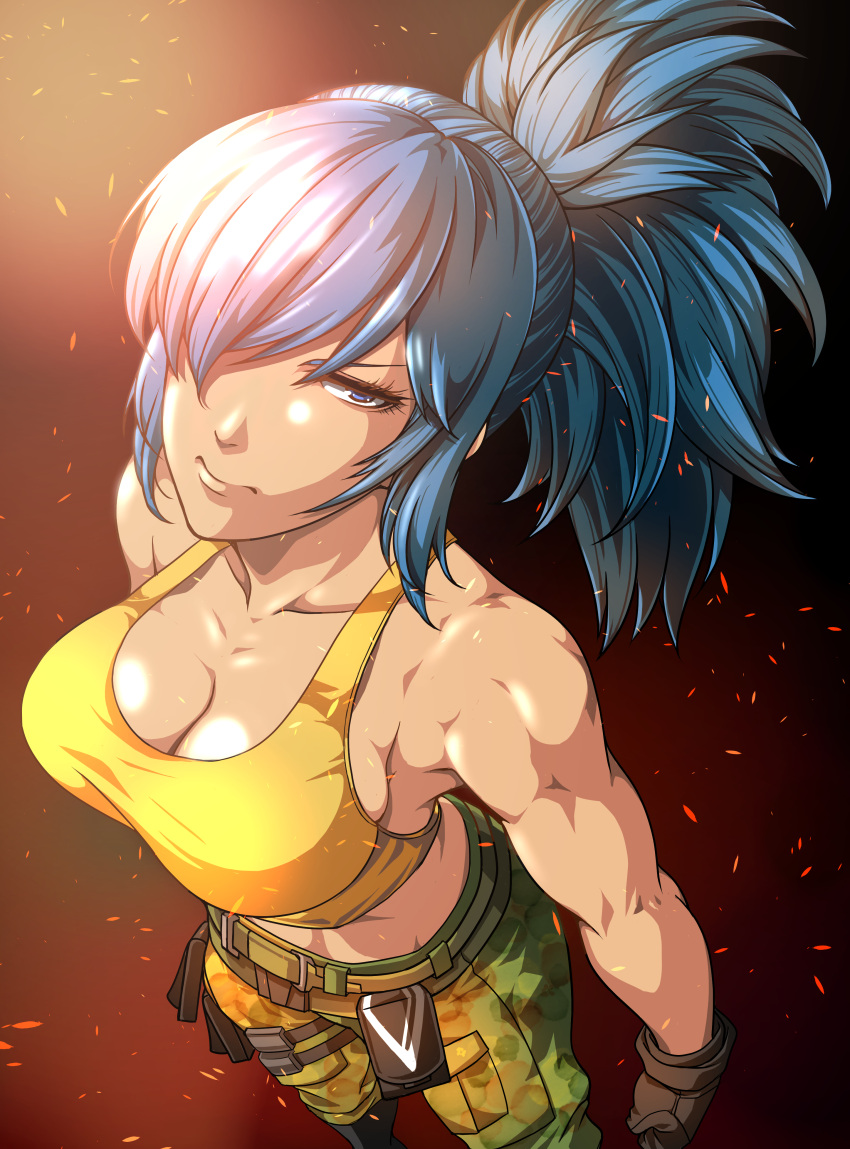 1girl absurdres bangs bare_shoulders belt blue_eyes blue_hair breasts camouflage camouflage_pants collarbone from_above gloves highres leona_heidern muscular muscular_female one_eye_covered pants pleasure-treasure pocket pony ponytail solo tank_top the_king_of_fighters the_king_of_fighters_xiv the_king_of_fighters_xv toned yellow_tank_top