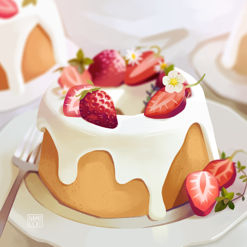 artist_name blurry blurry_background cake cream english_commentary flower food food_focus fork fruit highres namocchi no_humans original plate strawberry