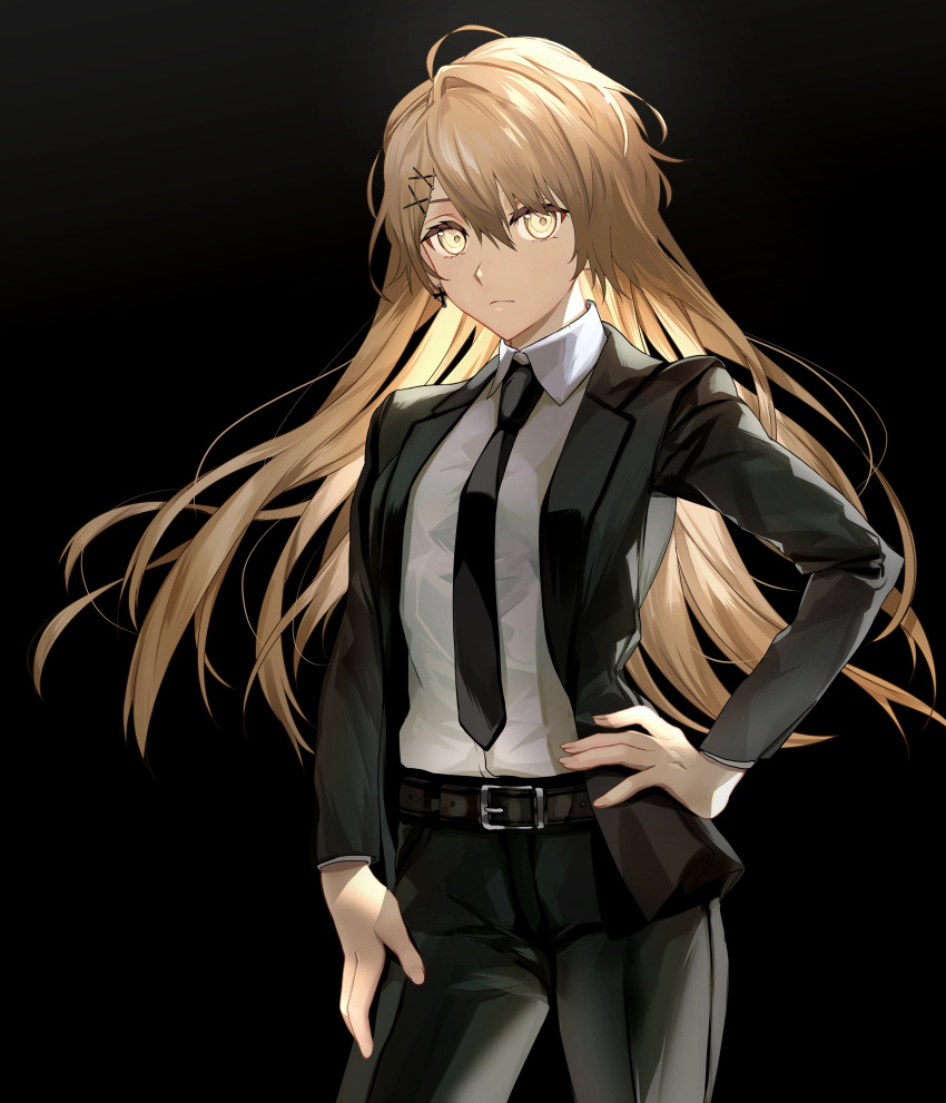 1girl absurdres alternate_costume belt black_background collared_shirt commission cowboy_shot dress_shirt expressionless formal girls_frontline hand_on_hip highres hitotsuyama_jitan light_brown_hair long_hair looking_at_viewer necktie ppk_(girls'_frontline) shirt shirt_tucked_in skeb_commission solo suit very_long_hair yellow_eyes