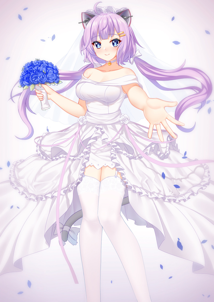 1girl absurdres ahoge animal_ears bangs bare_shoulders bell blue_eyes blue_flower blue_rose blunt_bangs bouquet breasts bridal_veil bride cang_se_ye_hua cat_ears cat_tail choker closed_mouth collarbone converse_(warship_girls_r) dress eyebrows_visible_through_hair feet_out_of_frame flower frilled_dress frills garter_straps hair_ornament hair_ribbon hairclip highres holding holding_bouquet knees_together_feet_apart long_hair looking_at_viewer neck_bell off_shoulder outstretched_hand petals pink_ribbon purple_hair ribbon rose simple_background smile solo symbol-only_commentary tail thigh-highs twintails veil warship_girls_r wedding_dress white_background white_choker white_dress white_flower white_ribbon white_rose
