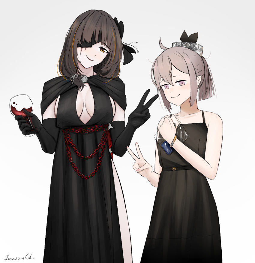 2girls artist_name bangs black_dress black_eyepatch black_gloves blonde_hair breasts brown_hair closed_mouth collarbone cup darkpulsegg dress drinking_glass elbow_gloves eyebrows_visible_through_hair eyepatch feet_out_of_frame girls_frontline gloves hair_ornament hair_ribbon highres holding holding_cup light_purple_eyes long_hair looking_at_viewer m16a1_(blazer_of_the_trail)_(girls'_frontline) m16a1_(girls'_frontline) m200_(girls'_frontline) m200_(war_correspondent)_(girls'_frontline) medium_breasts multicolored_hair multiple_girls official_alternate_costume orange_eyes ribbon scar scar_across_eye short_hair small_breasts smile standing v white_background wine_glass zip_file_(object)
