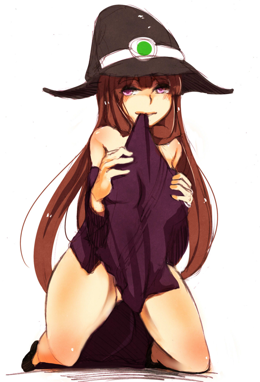 1girl at2. black_footwear black_headwear blush brown_hair eyebrows_visible_through_hair hat highres kneeling long_hair looking_at_viewer minecraft parted_lips personification smile very_long_hair violet_eyes witch_(minecraft) witch_hat