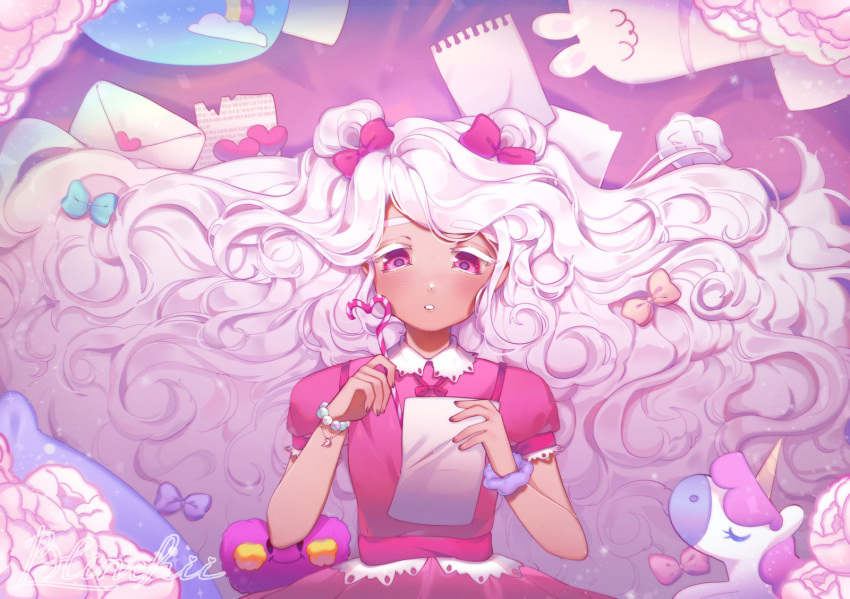 1girl blinchii candy candy_cane cookie_run cotton_candy_cookie curly_hair dark_skin double_bun food heart highres long_hair looking_down love_letter pink_hair stuffed_toy unicorn very_long_hair violet_eyes writing