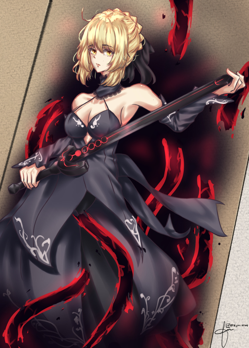 1girl absurdres artoria_pendragon_(all) artoria_pendragon_(fate) bangs black_dress black_ribbon blonde_hair braid closed_mouth commentary_request dark_excalibur dress excalibur_morgan_(fate) fate/grand_order fate/stay_night fate_(series) french_braid from_below gothic_lolita hair_bun highres holding holding_sword holding_weapon juliet_sleeves kyou_(pixiv54133131) lolita_fashion long_sleeves looking_at_viewer puffy_sleeves ribbon saber_alter sidelocks sword weapon yellow_eyes