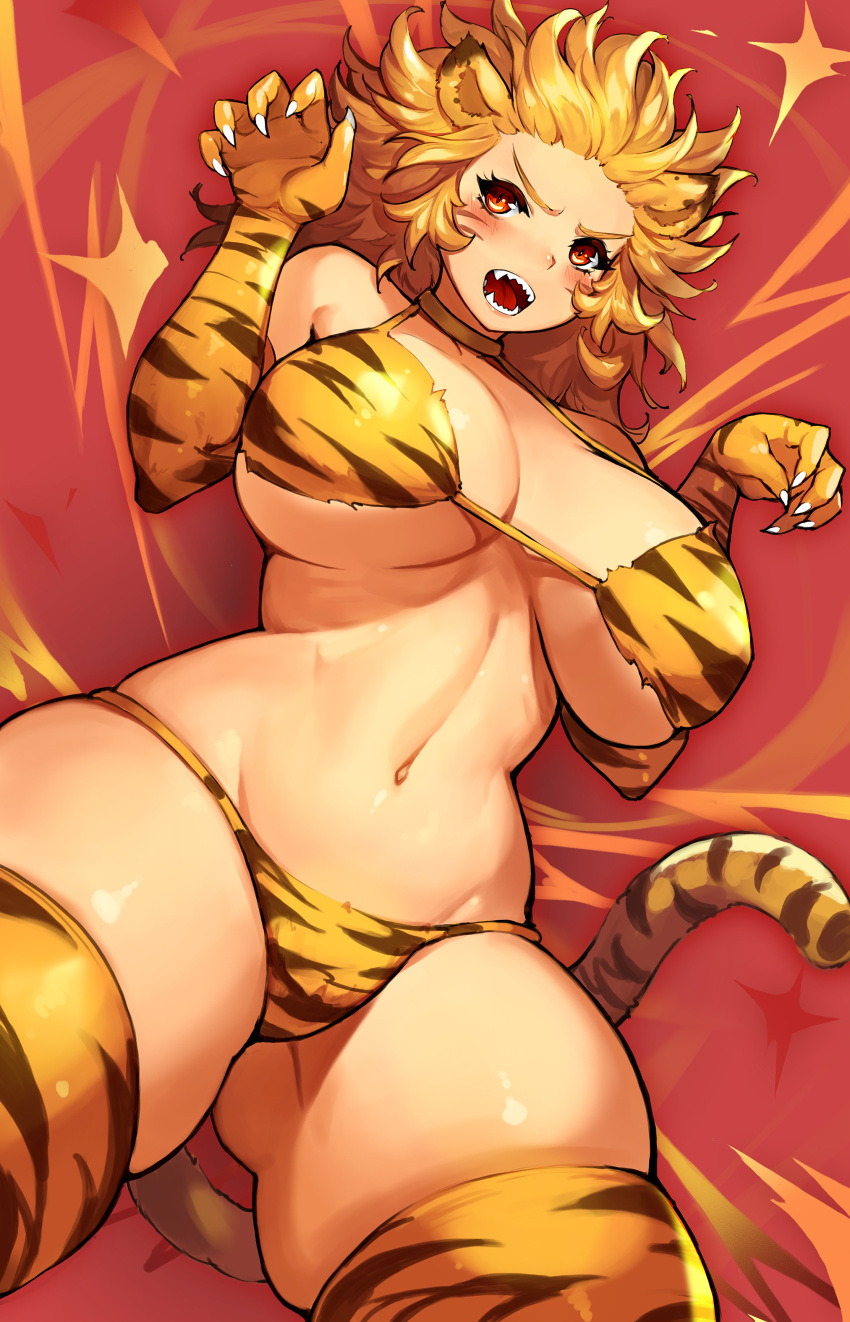 1girl absurdres animal_ears animal_print blonde_hair breasts chinese_zodiac claws facial_mark fangs gurimjang highres large_breasts looking_at_viewer navel open_mouth original print_legwear red_background red_eyes short_hair solo tail teeth thigh-highs tiger_ears tiger_girl tiger_print tiger_tail whisker_markings year_of_the_tiger yellow_legwear
