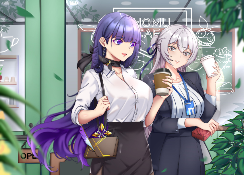 2girls :d bag bangs black_choker black_jacket black_skirt breasts bronya_zaychik cafe choker coffee_cup cup disposable_cup grey_eyes grey_hair highres holding holding_cup homu_(honkai_impact) honkai_(series) honkai_impact_3rd id_card jacket lion_space long_hair long_sleeves multiple_girls office_lady open_clothes open_jacket open_mouth outdoors polo_shirt purple_hair raiden_mei shirt shoulder_bag skirt sleeves_rolled_up smile violet_eyes white_shirt window