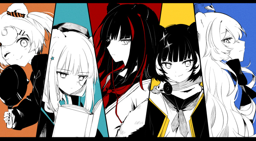 5girls ;) animal_ears arknights bangs bear_ears blue_headwear blue_necktie blush book closed_mouth eyebrows_visible_through_hair frying_pan gummy_(arknights) hair_between_eyes hair_ornament hat high_contrast holding holding_frying_pan istina_(arknights) jacket leto_(arknights) letterboxed long_hair long_sleeves looking_at_viewer medium_hair monocle multicolored_hair multiple_girls multiple_monochrome nail_polish neckerchief necktie one_eye_closed open_book open_clothes open_jacket profile puffy_long_sleeves puffy_sleeves red_neckerchief redhead rosa_(arknights) sailor_collar shirt sleeves_past_wrists smile star_(symbol) star_hair_ornament streaked_hair toufu_mentaru_zabuton zima_(arknights)