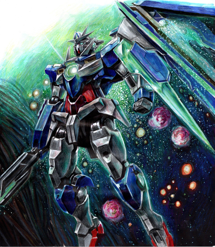 00_qan[t] 07nono06 blade commentary_request flying glowing glowing_eyes green_eyes gundam gundam_00 gundam_00_a_wakening_of_the_trailblazer highres light_particles mecha mobile_suit no_humans science_fiction shield solo sword v-fin weapon