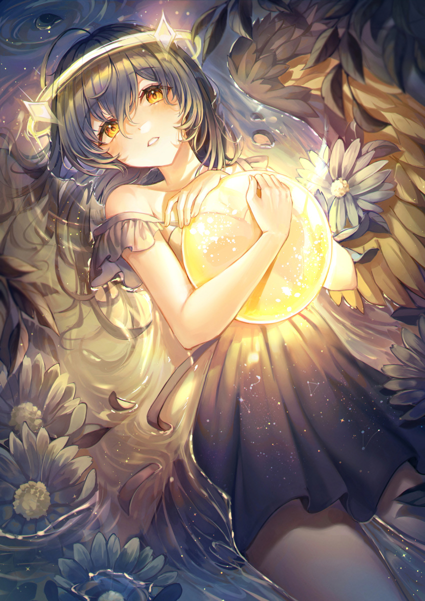 1girl absurdres ahoge bangs bare_arms black_dress blue_flower blue_hair blush breasts brown_eyes commentary cowboy_shot dress english_commentary eyebrows_visible_through_hair feathered_wings flower hair_between_eyes halo highres leaf long_hair looking_at_viewer lying lying_on_water mirage_(rairudiseu) on_back orb original parted_lips print_dress solo starry_sky_print strap_slip water wings
