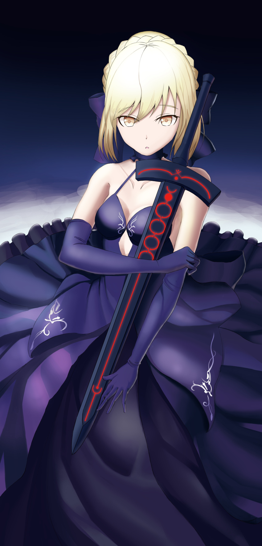 1girl absurdres artoria_pendragon_(all) artoria_pendragon_(fate) bangs black_dress black_ribbon blonde_hair braid closed_mouth commentary_request dark_excalibur dress excalibur_morgan_(fate) fate/grand_order fate/stay_night fate_(series) french_braid from_below gothic_lolita hair_bun highres hikinitt holding holding_sword holding_weapon juliet_sleeves lolita_fashion long_sleeves looking_at_viewer puffy_sleeves ribbon saber_alter sidelocks sword weapon yellow_eyes